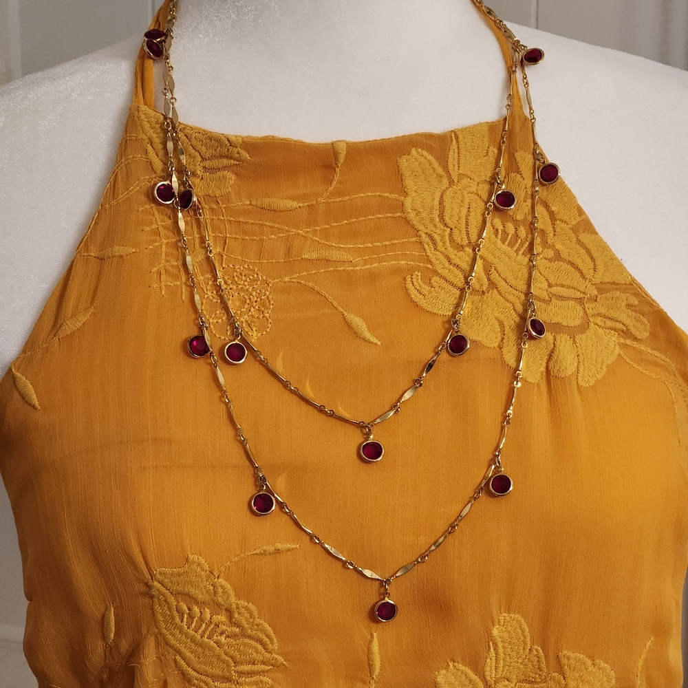 Red Crystal Gold Chain Long Layering Necklace